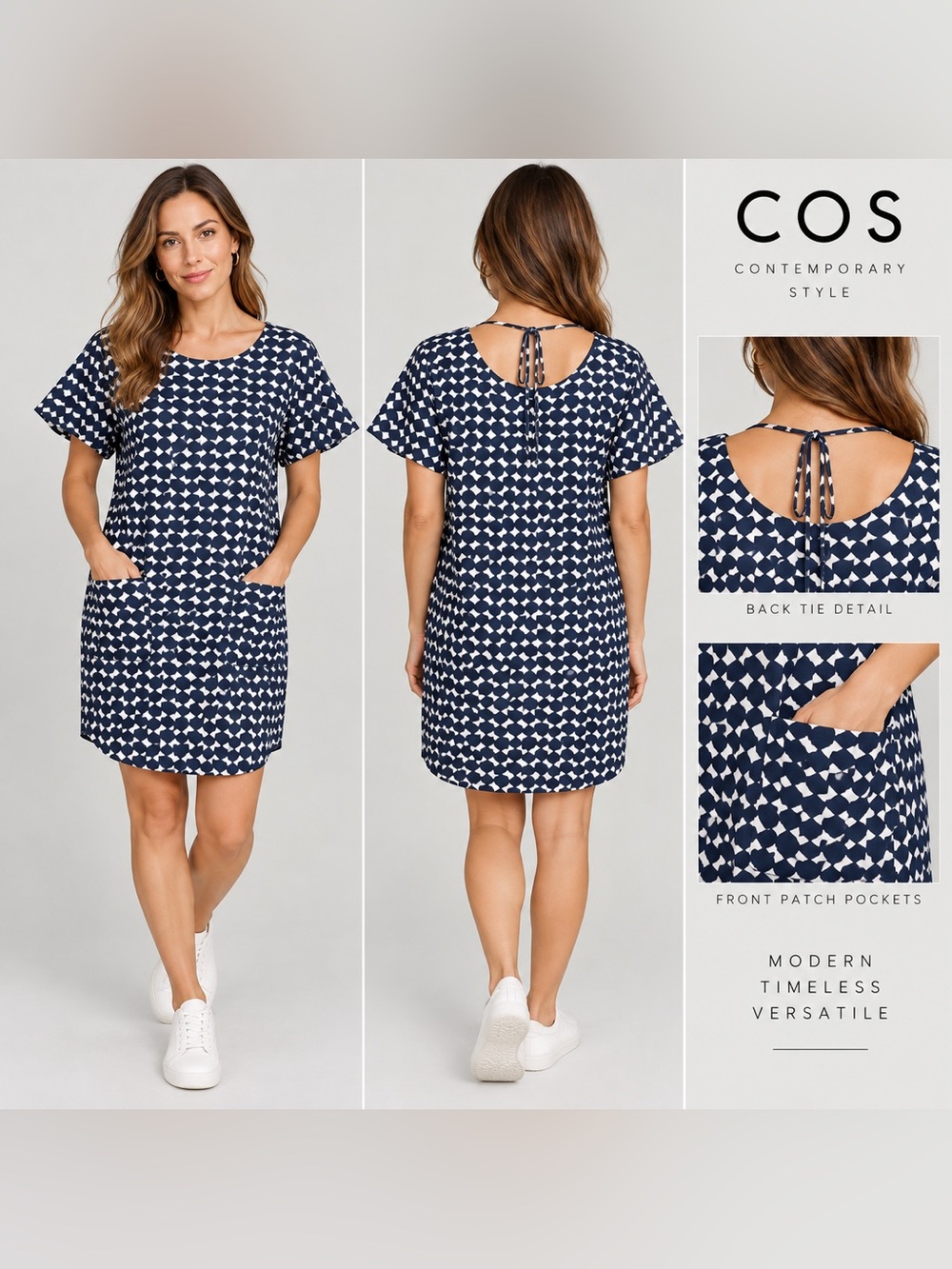 COS Navy White Abstract Print Shift Dress Flutter Sleeve Pockets Size 2